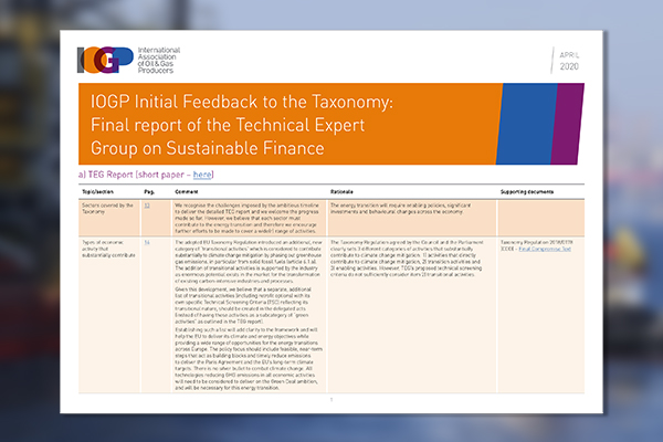 IOGP Initial Feedback to the Taxonomy: Final report of the Technical Expert Group on Sustainable Finance