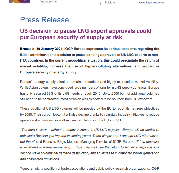Press Release: US decision to pause LNG export approvals could put European security of supply at risk