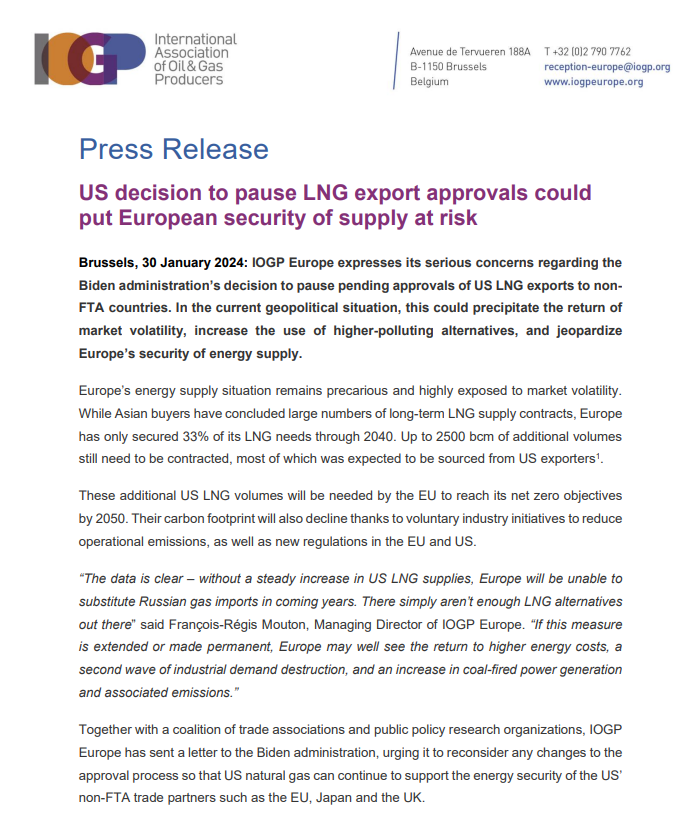 Press Release: US decision to pause LNG export approvals could put European security of supply at risk