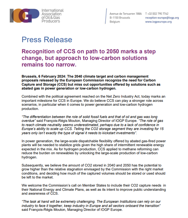 Press release: Recognition of CCS on path to 2050 marks a step  change, but approach to low-carbon solutions  remains too narrow.