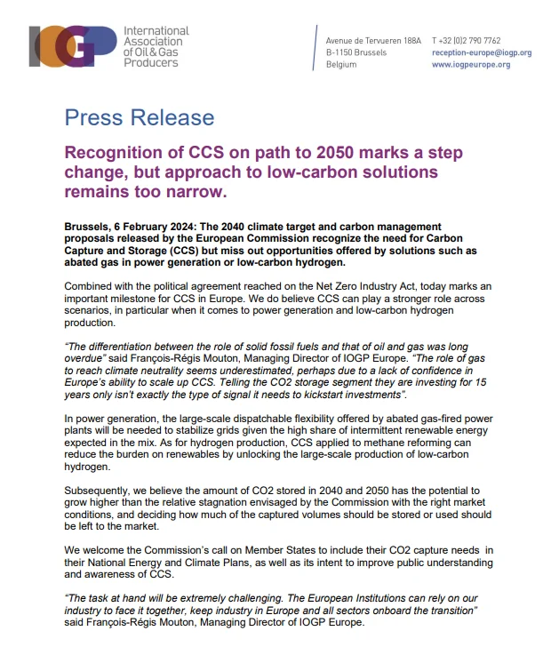 Press release: Recognition of CCS on path to 2050 marks a step  change, but approach to low-carbon solutions  remains too narrow.
