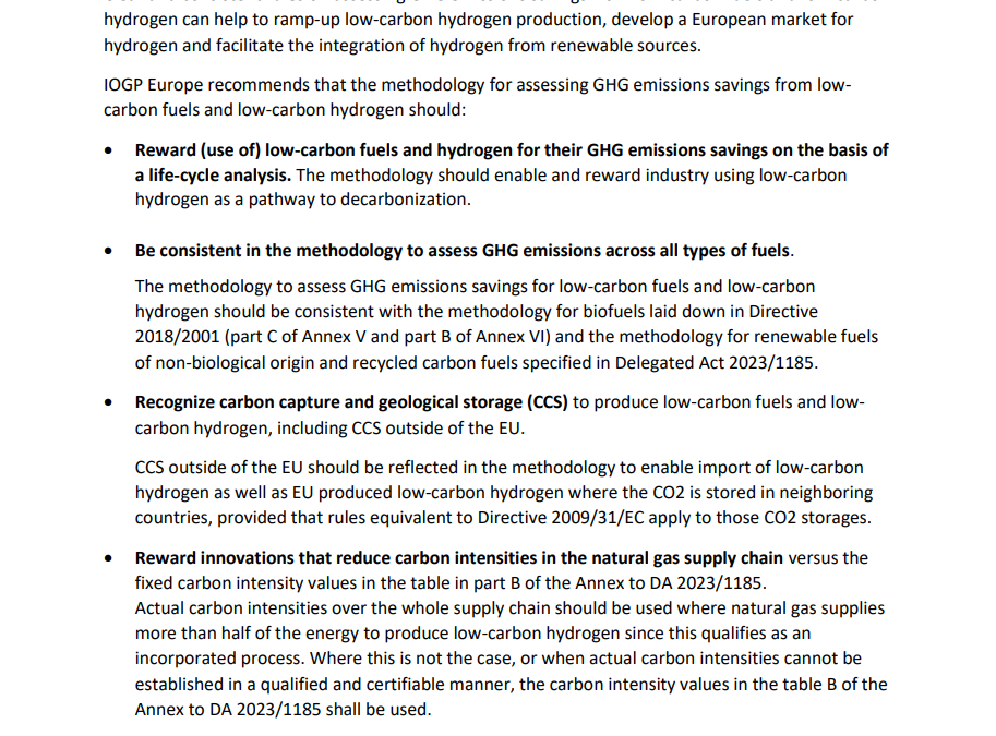 IOGP Europe recommendations on the Delegated Act specifying a methodology for assessing GHG emissions savings from low-carbon fuels and low-carbon hydrogen